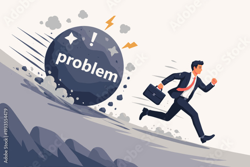 Businessman in a Suit Running Away from a Giant Rolling Boulder with the Word Problem, Concept of Escaping Business Challenges, Crisis Management, Avoiding Stress and Overcoming Obstacles.