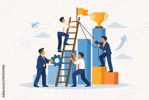 Professional business team working together to build a ladder of success towards a trophy and flag. Concept of teamwork, cooperation, corporate growth, leadership, and collective achievement.