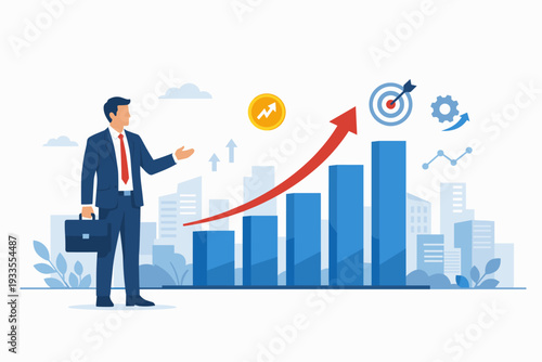 Businessman in Suit Pointing at Rising Financial Bar Chart with Red Arrow and Target Icon on Cityscape Background, Concept of Business Growth, Economic Success, and Corporate Strategy Vector