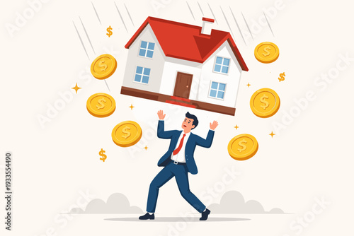 Businessman in Panic Under Falling House and Gold Coins Representing Real Estate Market Crash, Financial Crisis, Mortgage Burden, and High Interest Rates in Economic Recession Vector Illustration