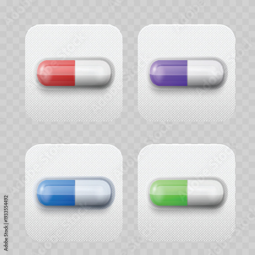 Realistic Medical Capsule Blister Pack Set. Vector