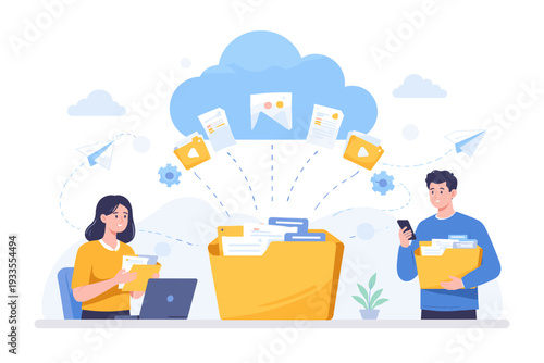 Concept of sharing file or transfer folder data. Digital file moving to cloud storage. Employees with folders and laptop collaborating on data management and backup in a modern office workspace.