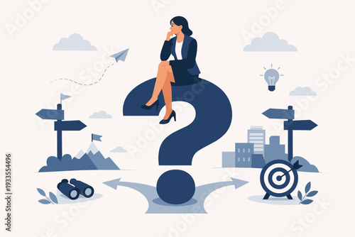 Businesswoman Sitting on Large Question Mark Thinking About Career Path and Making Decisions. Vector Illustration of Professional Woman Considering Opportunities, Business Strategy, and Future Goals.