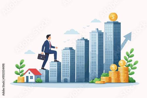 Businessman walking up ascending buildings forming a bar graph, symbolizing property investment, real estate market growth, mortgage business, financial success, and wealth accumulation.