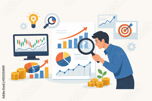 Professional man analyzing stock market trends and financial data with a magnifying glass, featuring growth charts, investment graphs, gold coins, and icons for business strategy and success.