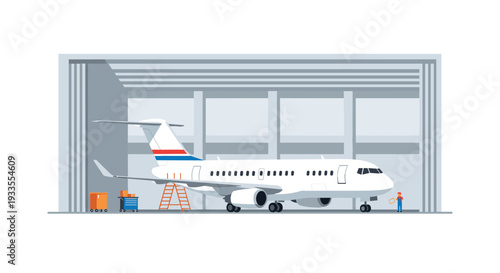 A sleek white passenger airplane with prominent red and blue accents is securely parked inside a vast, well-lit aircraft hangar, with a lone worker nearby.