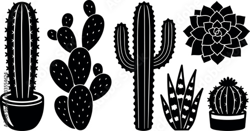 Flat design silhouette assortment of potted cactus and succulent cluster close up side view minimal vector black isolated icons set