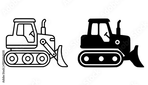 Illustration of a bulldozer, with outline and silhouette design