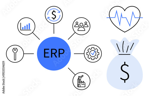 Business management, resource planning, financial management, data analytics, operational efficiency, team collaboration. Central ERP hub with icons for health, finance and process. Business