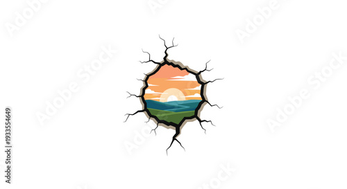 A dramatic cracked opening in a pristine white surface unveils a beautiful serene landscape featuring a sunset over rolling hills and calm waters.