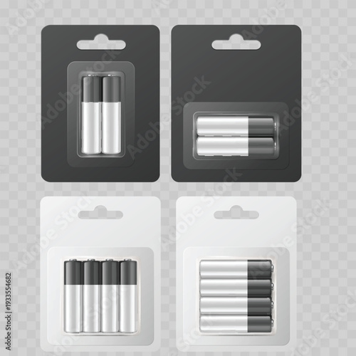 Realistic Battery Blister Pack Mockup Set. Vector AA or AAA Alkaline Power Cells in Black and White Packaging.