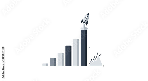 A simple grayscale bar graph illustrates continuous growth, with a rocket launching from the peak of the tallest column, accompanied by a smaller line graph.