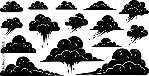 Rain and Storm Clouds Black Silhouettes Set, Heavy Cumulus Shapes with Falling Drops, Weather Elements Vector Illustration Collection, Thunderstorm Graphic