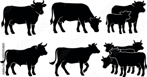 Flat silhouette cow vector set multiple poses grazing standing calf herd side view black shapes for logo design minimal icons
