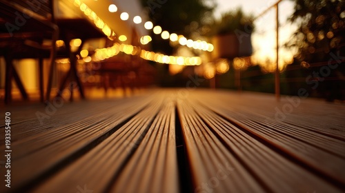 medinah. Wooden deck bathed in warm dusk light, creating a serene outdoor atmosphere with softly blurred surroundings. travel magazines.