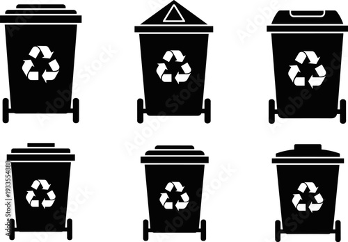 Recycling bin icons set, black silhouette waste containers with recycle symbol, trash can collection for environmental, sustainability, waste management vector illustration