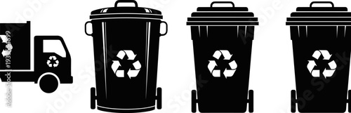Recycling truck and bin silhouette vector icons set, waste management illustration for sustainability, environment, trash collection, and eco-friendly design use