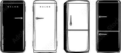 Retro refrigerator silhouettes vector illustration set, vintage kitchen fridge designs in black and white, classic household appliance icons isolated on white background