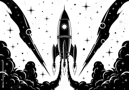 Retro rocket ship blasting into outer space with stars and smoke, vintage science fiction vector illustration, futuristic cosmic exploration artwork design