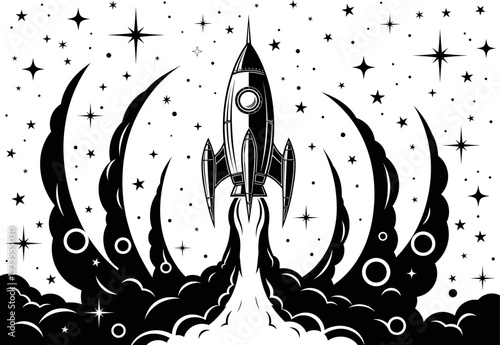 Retro rocket ship launching into outer space with stars and smoke, vintage space exploration vector illustration, futuristic cosmic adventure artwork design