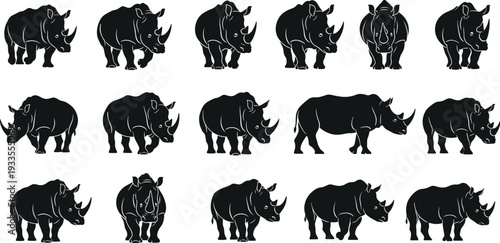 Rhinoceros vector illustration set, black and white wildlife silhouettes, African safari rhino poses collection, powerful wild mammal icons, minimal flat design