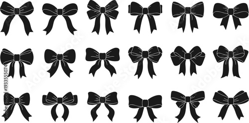 Ribbon bow silhouettes collection, black vector illustration set featuring decorative gift bows, elegant knot designs, festive wrapping elements, craft and holiday decor