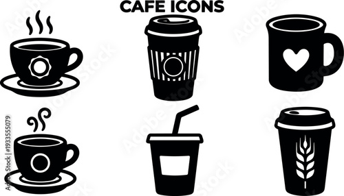 Flat design cafe icon set six black coffee cup symbols on white background with steaming mugs and takeaway cups