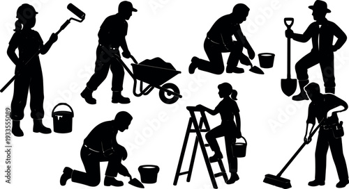 Silhouette vector composition of diverse workers painting gardening cleaning and digging in active poses with tools side view isolated foreground