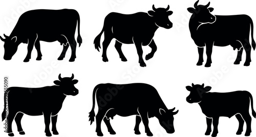 Minimalist vector cattle silhouette set with six grazing and standing cows side view black flat farm livestock icons simple shapes