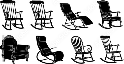 Rocking chair vector illustration collection, vintage modern furniture silhouettes set for interior design, home decor concepts and classic seating elements