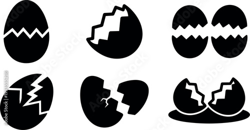 Flat design cracked egg icons close up six variations black silhouettes on white background simple icon set texture free collection