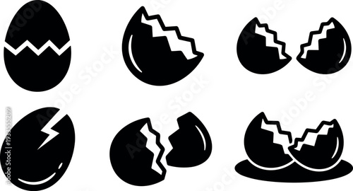 Flat design cracked egg icon set six silhouettes close up simple broken shell symbols on white background vector minimalist studio