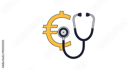 A gray and black medical stethoscope is positioned directly onto a large golden euro currency symbol, illustrating an examination of European finance.