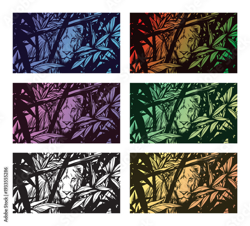 lion jungle foliage color variations illustration art