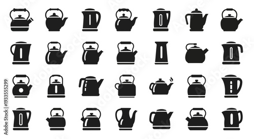 Collection of various kettle icons displayed in a grid pattern on a clean interface