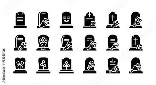 Collection of tombstones with various symbols and designs on memorial stones