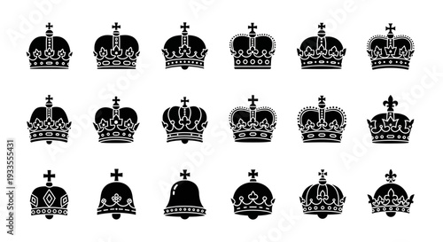 Collection of various royal crowns depicted in black illustrations on a plain background viewed from directly above