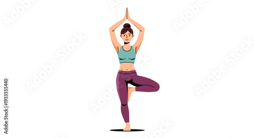 A slender woman in athletic yoga wear performs the balanced tree pose, Vrikshasana, with her hands clasped above her head on a plain white background.