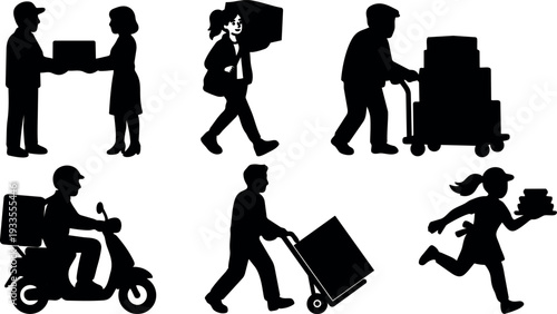 Flat design urban delivery silhouettes showing courier handing package carrying boxes pushing trolley riding scooter and running with hand truck