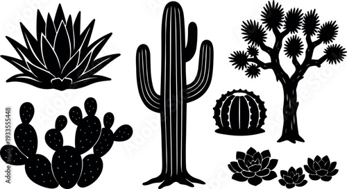 Minimalist silhouette cactus and succulents set vector black shapes isolated on white including saguaro barrel prickly pear agave joshua tree