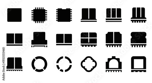 Collection of various black icons representing different objects and symbols on a white background viewed from a straight-on viewpoint