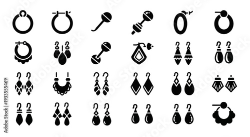 Collection of various earrings and jewelry icons displayed on a white background from a straightforward viewpoint