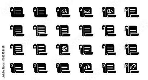 Collection of various black and white icon illustrations representing different office supplies and stationery items on a grid layout