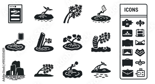 A collection of black and white icons representing various island scenes and user interface elements from different viewpoints