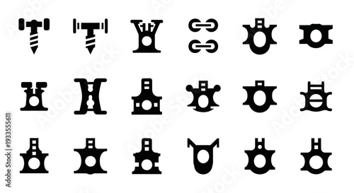 Collection of diverse industrial machinery parts displayed in a grid pattern on a plain background viewed from directly above