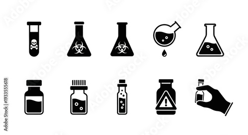 Laboratory icons collection featuring various scientific equipment and hazardous materials symbols in a grid layout