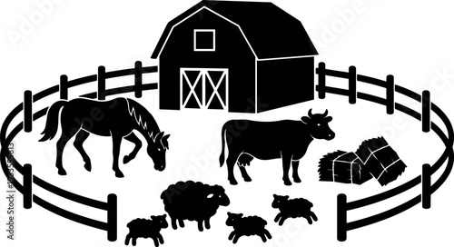 Flat design barnyard scene with grazing horse cow and sheep near wooden fence and stacked hay bales soft light