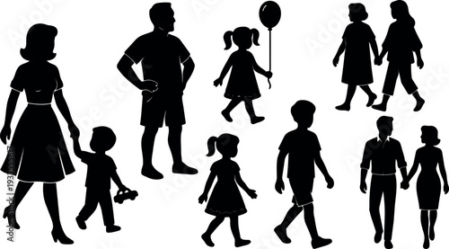 Silhouette vector family walking set various poses children holding balloon toy parents holding hands side view simple flat design minimal