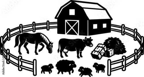 Flat design barnyard scene with grazing horse and cow fenced pasture barn hay bales and flock of sheep silhouette detailed