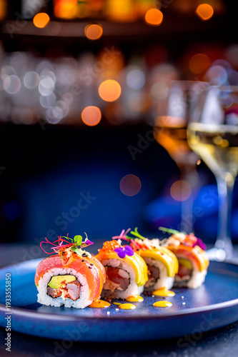 Sushi at the bar, background.